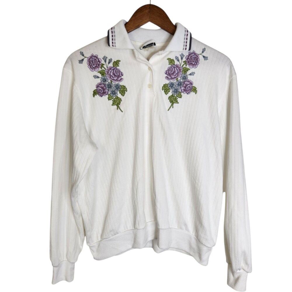 Vintage Bonworth Women's Small Purple Floral Embroidery Collared LS Sweatshirt